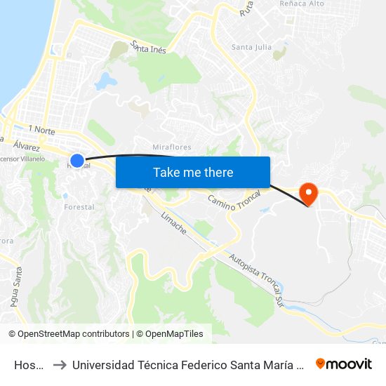 Hospital to Universidad Técnica Federico Santa María Sede Viña Del Mar map