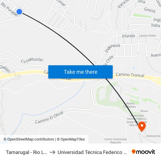 Tamarugal - Rio Loncomilla / Oeste to Universidad Técnica Federico Santa María Sede Viña Del Mar map