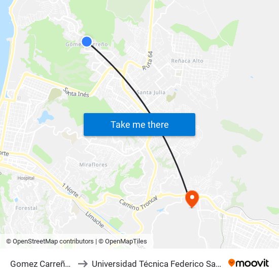 Gomez Carreño - Catorce Pte to Universidad Técnica Federico Santa María Sede Viña Del Mar map