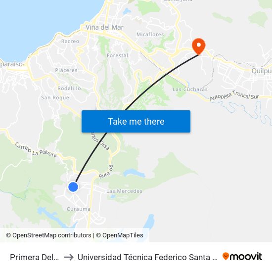 Primera Del Sur, 1119 to Universidad Técnica Federico Santa María Sede Viña Del Mar map