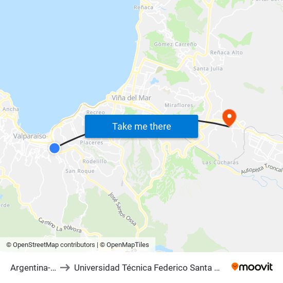 Argentina-Victoria to Universidad Técnica Federico Santa María Sede Viña Del Mar map