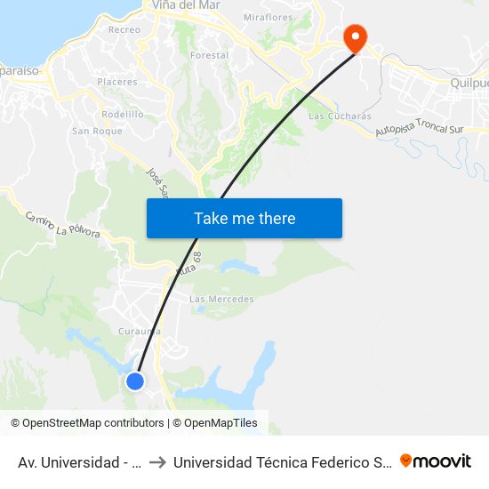 Av. Universidad - Av. Borde Laguna to Universidad Técnica Federico Santa María Sede Viña Del Mar map