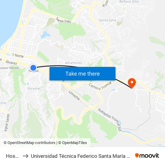 Hospital to Universidad Técnica Federico Santa María Sede Viña Del Mar map