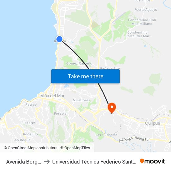 Avenida Borgoño, 14768 to Universidad Técnica Federico Santa María Sede Viña Del Mar map