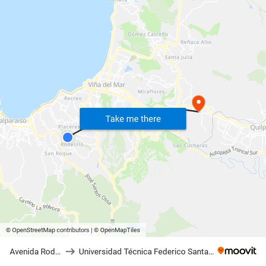 Avenida Rodelillo, 3925 to Universidad Técnica Federico Santa María Sede Viña Del Mar map