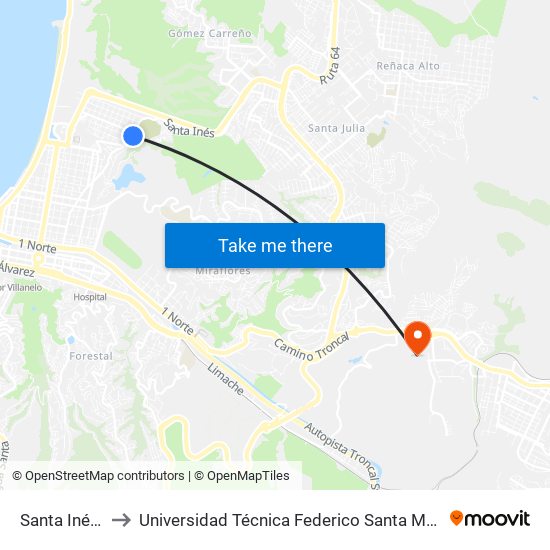 Santa Inés, 2221 to Universidad Técnica Federico Santa María Sede Viña Del Mar map