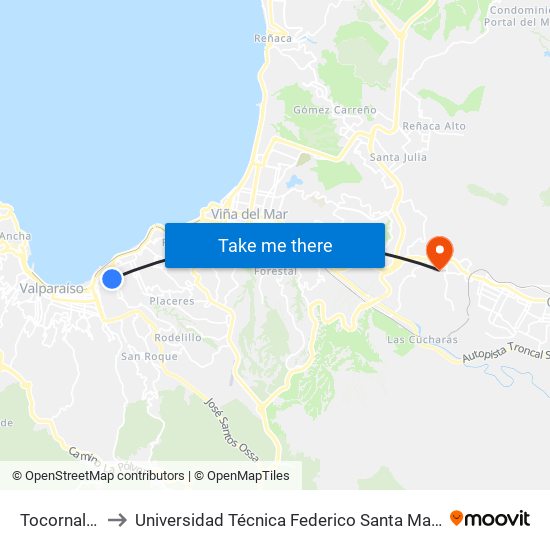 Tocornal - Vega to Universidad Técnica Federico Santa María Sede Viña Del Mar map