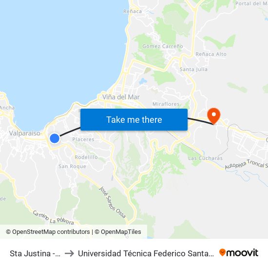 Sta Justina - Limanche to Universidad Técnica Federico Santa María Sede Viña Del Mar map