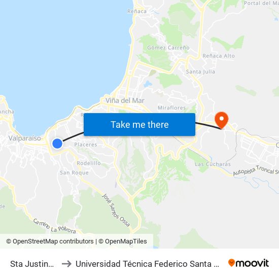 Sta Justina - Morse to Universidad Técnica Federico Santa María Sede Viña Del Mar map