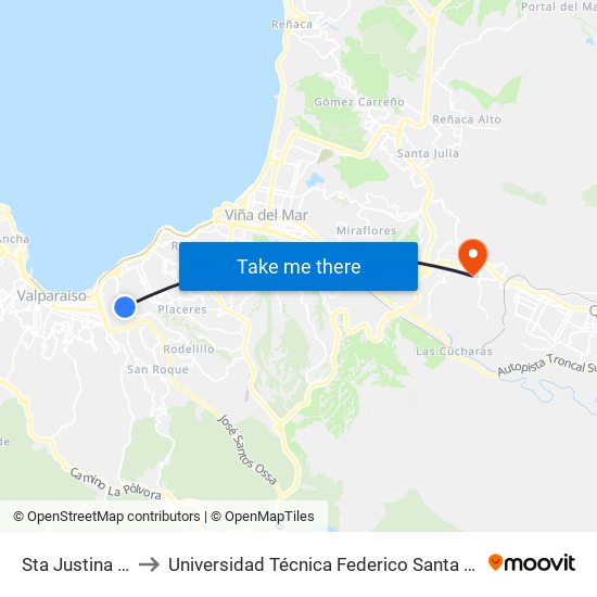 Sta Justina - Sta Ines to Universidad Técnica Federico Santa María Sede Viña Del Mar map