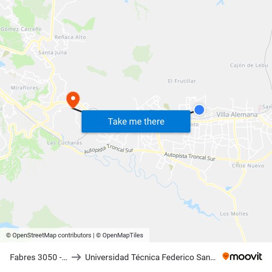 Fabres 3050 - 3098 / Este to Universidad Técnica Federico Santa María Sede Viña Del Mar map