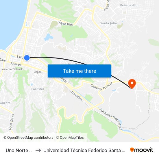 Uno Norte - Quillota to Universidad Técnica Federico Santa María Sede Viña Del Mar map