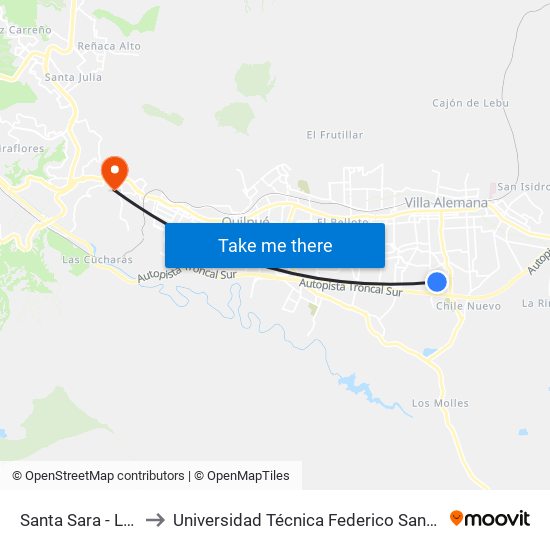 Santa Sara - Límite Urbano to Universidad Técnica Federico Santa María Sede Viña Del Mar map