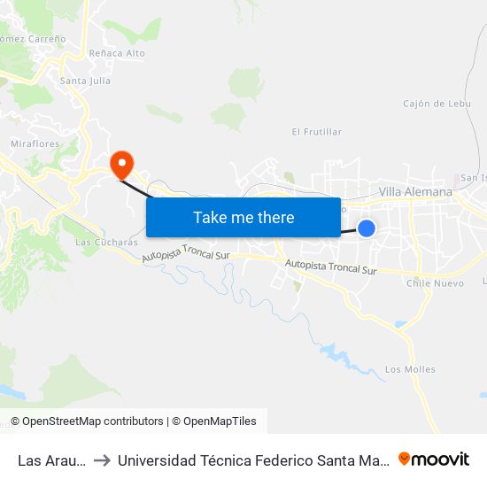Las Araucanias to Universidad Técnica Federico Santa María Sede Viña Del Mar map