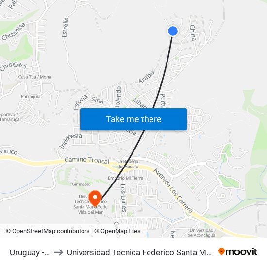 Uruguay - Bolivia to Universidad Técnica Federico Santa María Sede Viña Del Mar map