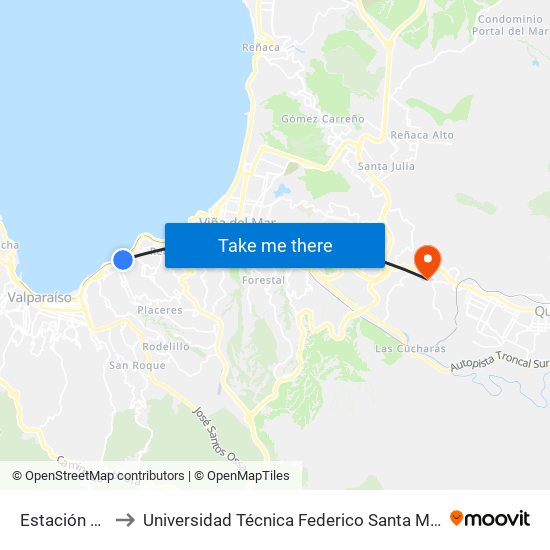 Estación Portales to Universidad Técnica Federico Santa María Sede Viña Del Mar map