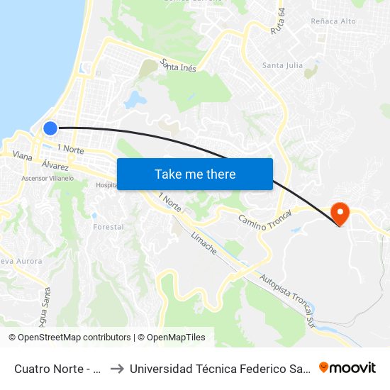 Cuatro Norte - Cinco Poniente to Universidad Técnica Federico Santa María Sede Viña Del Mar map