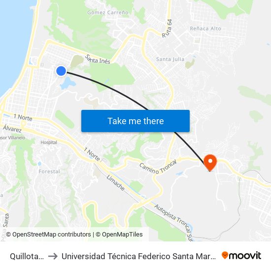 Quillota - Plat to Universidad Técnica Federico Santa María Sede Viña Del Mar map