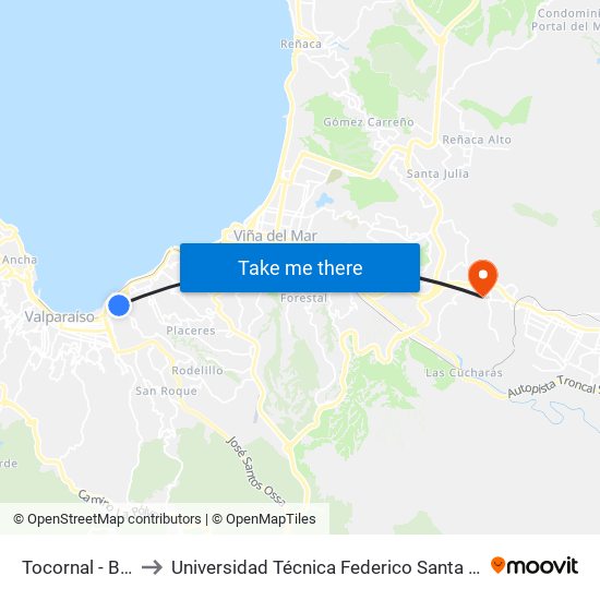 Tocornal - Blanco Viel to Universidad Técnica Federico Santa María Sede Viña Del Mar map
