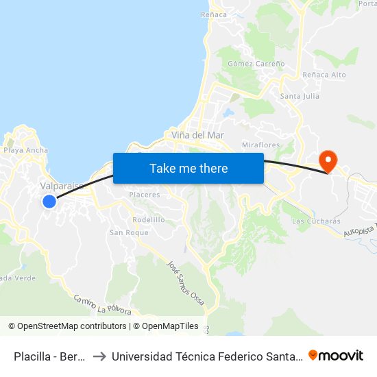 Placilla - Bernardo Vera to Universidad Técnica Federico Santa María Sede Viña Del Mar map