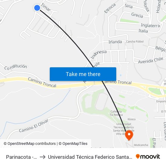 Parinacota - Cavancha to Universidad Técnica Federico Santa María Sede Viña Del Mar map