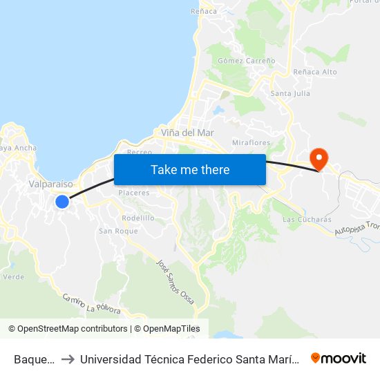 Baquedano to Universidad Técnica Federico Santa María Sede Viña Del Mar map