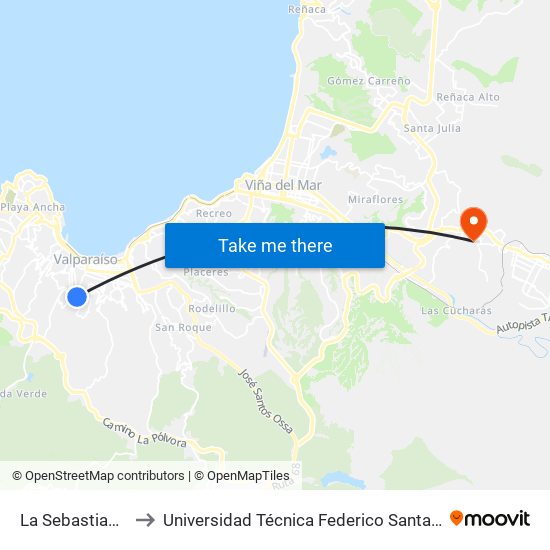 La Sebastiana / Oriente to Universidad Técnica Federico Santa María Sede Viña Del Mar map