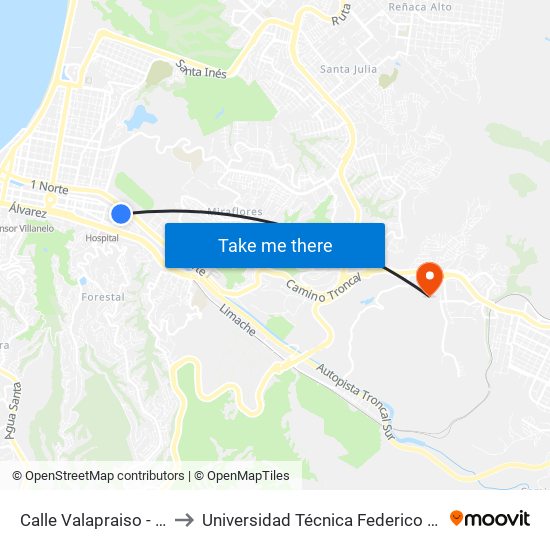 Calle Valapraiso - Pte Cancha / Norte to Universidad Técnica Federico Santa María Sede Viña Del Mar map