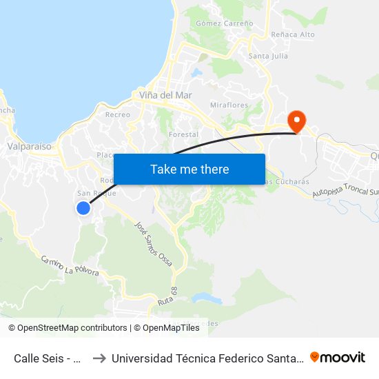 Calle Seis - Calle Nueve to Universidad Técnica Federico Santa María Sede Viña Del Mar map