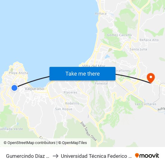 Gumercindo Díaz - Calle Uno / Oriente to Universidad Técnica Federico Santa María Sede Viña Del Mar map