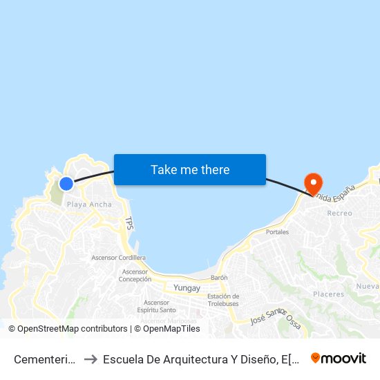 Cementerio De Playa Ancha to Escuela De Arquitectura Y Diseño, E[Ad], Pontificia Universidad Catolica De Valparaíso map