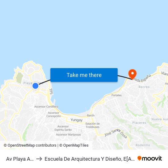 Av Playa Ancha / Poniente to Escuela De Arquitectura Y Diseño, E[Ad], Pontificia Universidad Catolica De Valparaíso map