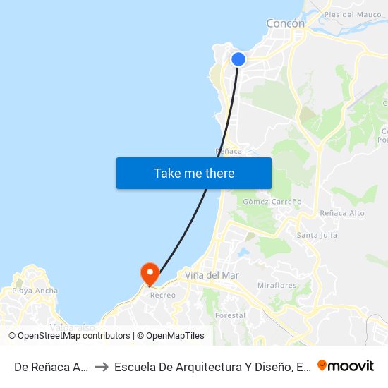 De Reñaca A Concon - Costanera to Escuela De Arquitectura Y Diseño, E[Ad], Pontificia Universidad Catolica De Valparaíso map