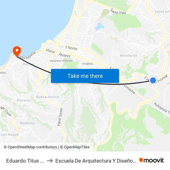 Eduardo Titus / Paralelo Camino Troncal to Escuela De Arquitectura Y Diseño, E[Ad], Pontificia Universidad Catolica De Valparaíso map