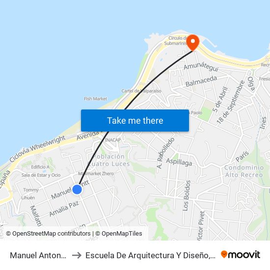 Manuel Antonio Matta - Manuel Montt to Escuela De Arquitectura Y Diseño, E[Ad], Pontificia Universidad Catolica De Valparaíso map