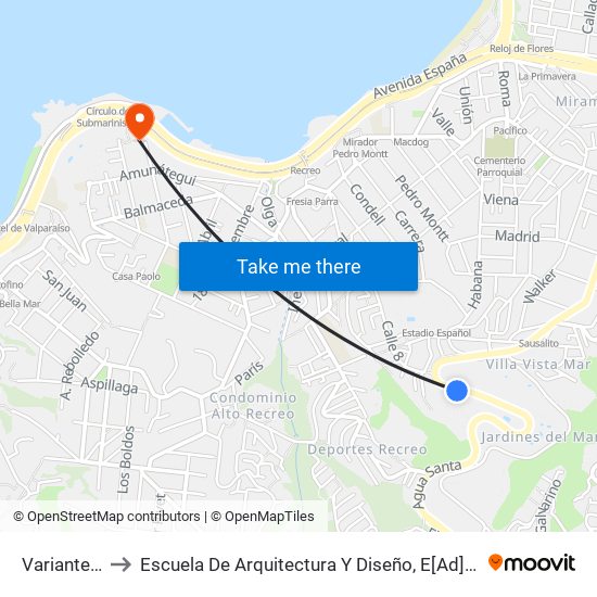 Variante Agua Santa to Escuela De Arquitectura Y Diseño, E[Ad], Pontificia Universidad Catolica De Valparaíso map