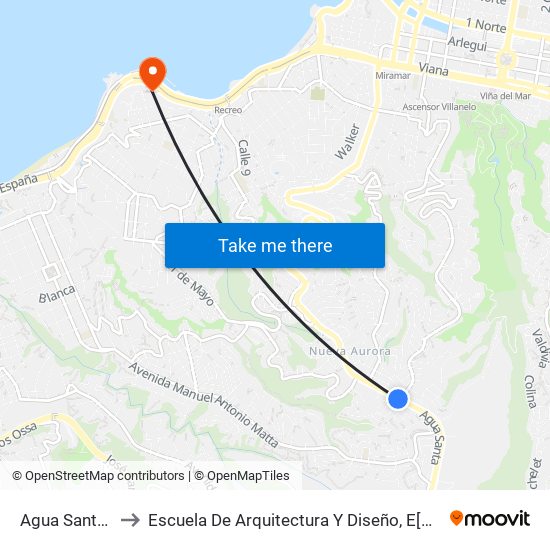 Agua Santa - Ocho De Julio to Escuela De Arquitectura Y Diseño, E[Ad], Pontificia Universidad Catolica De Valparaíso map