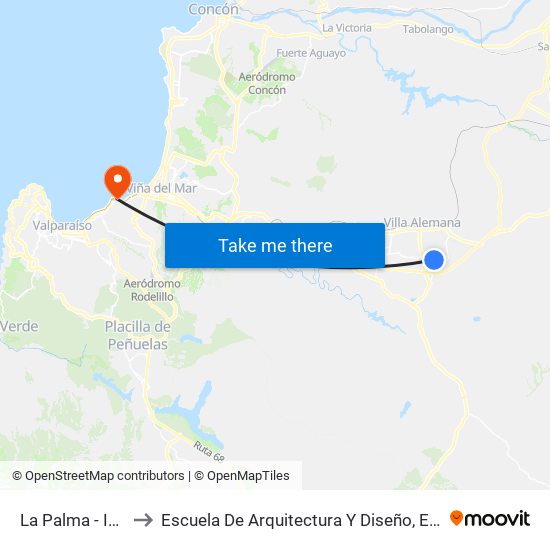 La Palma - Ignacio Carrera Pinto to Escuela De Arquitectura Y Diseño, E[Ad], Pontificia Universidad Catolica De Valparaíso map