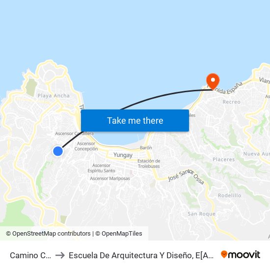 Camino Cintura - Tupper to Escuela De Arquitectura Y Diseño, E[Ad], Pontificia Universidad Catolica De Valparaíso map
