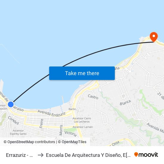 Errazuriz - Almirante Martinez to Escuela De Arquitectura Y Diseño, E[Ad], Pontificia Universidad Catolica De Valparaíso map