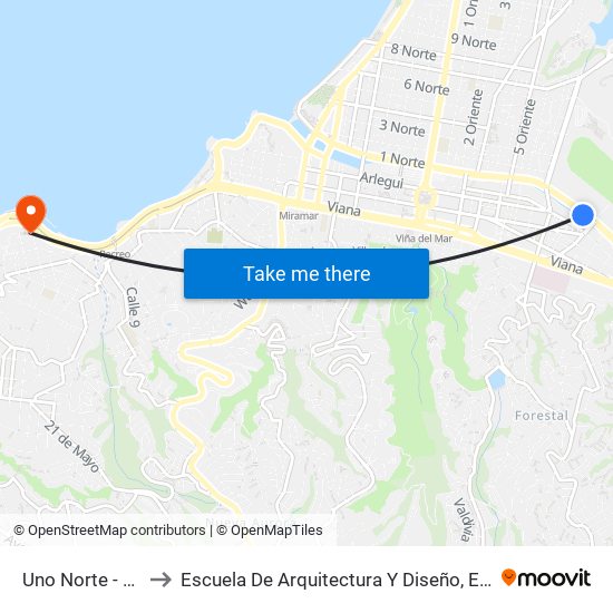 Uno Norte - Estero Marga Marga to Escuela De Arquitectura Y Diseño, E[Ad], Pontificia Universidad Catolica De Valparaíso map