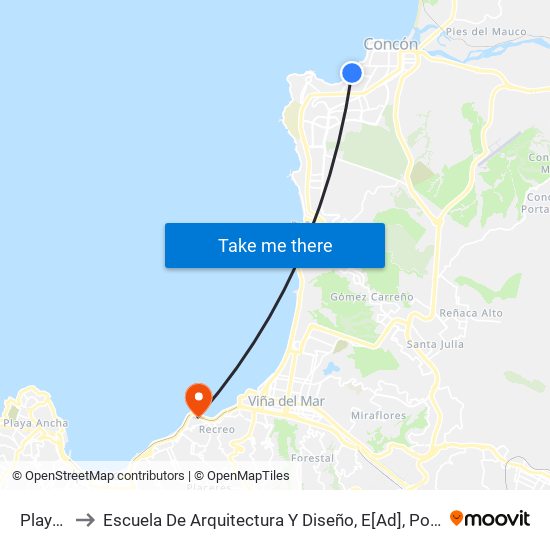 Playa Negra to Escuela De Arquitectura Y Diseño, E[Ad], Pontificia Universidad Catolica De Valparaíso map