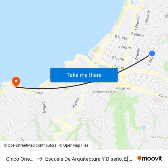 Cinco Oriente - Cinco Norte to Escuela De Arquitectura Y Diseño, E[Ad], Pontificia Universidad Catolica De Valparaíso map