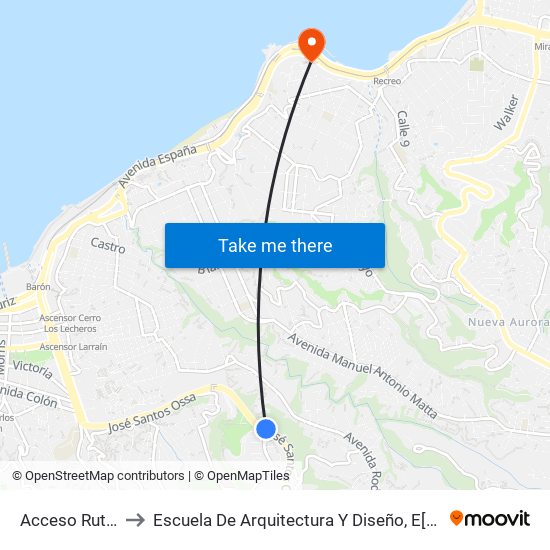 Acceso Ruta 68-Santos Ossa to Escuela De Arquitectura Y Diseño, E[Ad], Pontificia Universidad Catolica De Valparaíso map