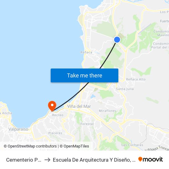 Cementerio Parque Del Mar / Oriente to Escuela De Arquitectura Y Diseño, E[Ad], Pontificia Universidad Catolica De Valparaíso map