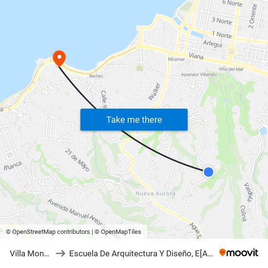 Villa Montes - Montemar to Escuela De Arquitectura Y Diseño, E[Ad], Pontificia Universidad Catolica De Valparaíso map