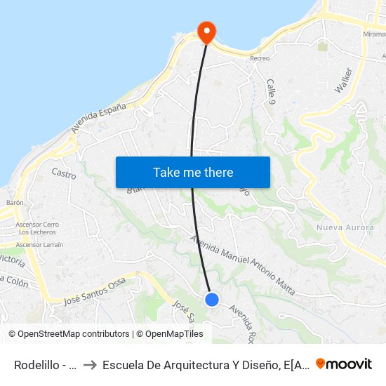 Rodelillo - Gabriela Mistral to Escuela De Arquitectura Y Diseño, E[Ad], Pontificia Universidad Catolica De Valparaíso map