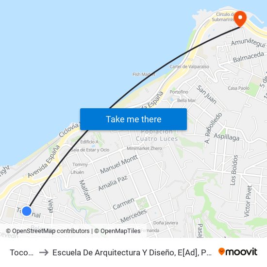 Tocornal, 201 to Escuela De Arquitectura Y Diseño, E[Ad], Pontificia Universidad Catolica De Valparaíso map
