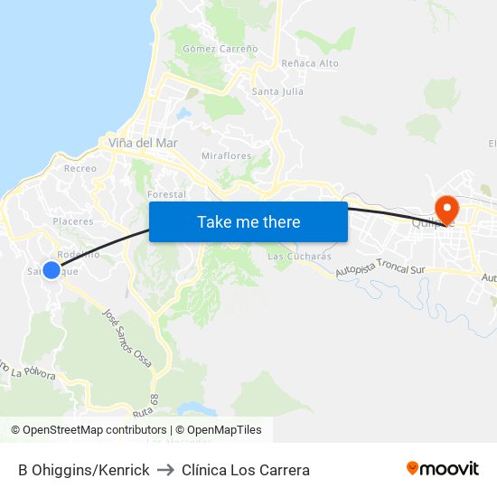B Ohiggins/Kenrick to Clínica Los Carrera map