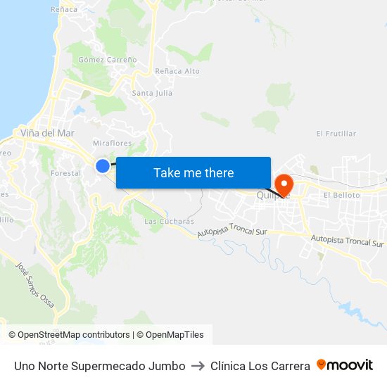 Uno Norte Supermecado Jumbo to Clínica Los Carrera map